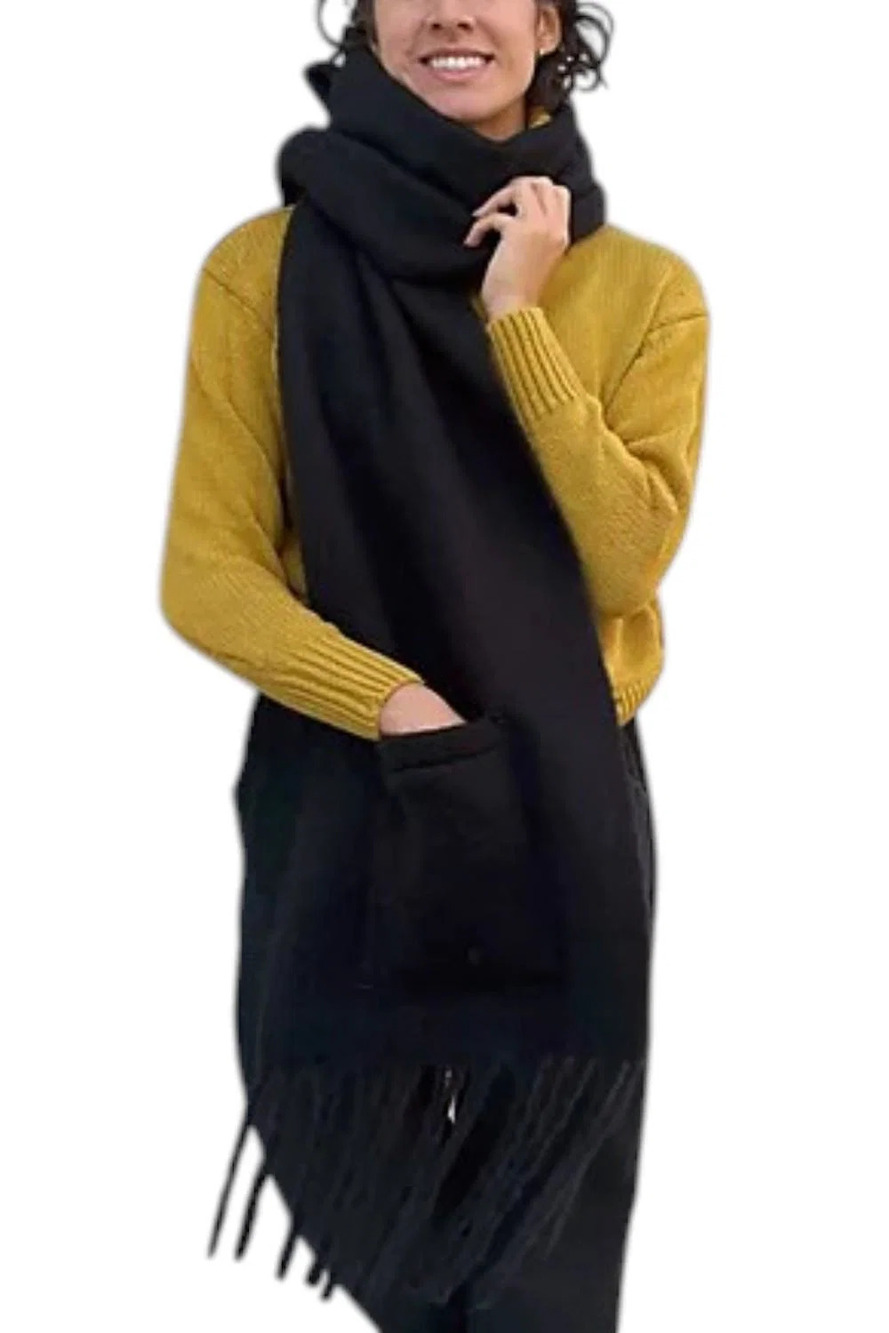 Sprigs Women's Oversized Solid Fringe Scarf with Pockets Black/Black